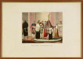 Francesco Novelli (1767-1836) után, Antonio Regona (1760-1853) metszése: Baptismi sacramentum. Színezett rézmetszet, papír, jelzett a metszeten. Kissé foltos. Lapszéli apró sérüléssel. Üvegezett fakeretben. 20x26 cm