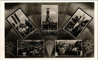 1942 Mádéfalva, Siculeni; bevonulás, Országzászló, A madéfalvi veszedelem emlékoszlopa. Sass Béla felvétele / entry of the Hungarian troops, Hungarian flag, monument of the Székely massacre, Siculicidium