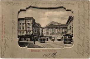 1901 Temesvár, Timisoara; Szent György tér, villamosok, Varneky A. üzlete. Polatsek-féle kiadása / square, trams, shop. Art Nouveau