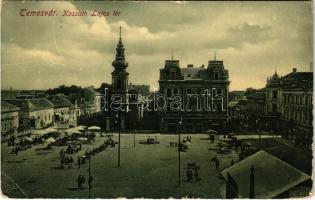 1915 Temesvár, Timisoara; Kossuth Lajos tér, piac, Csendes és Fischer üzlete. Gerő Manó kiadása / square, market, shops (EK)