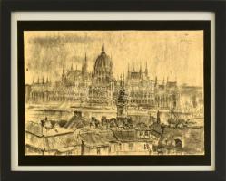 Olvashatatlan jelzéssel: Budapesti látkép a Parlamenttel, 1958. Ceruza, tus, papír. 18x25,5 cm. Üvegezett keretben.