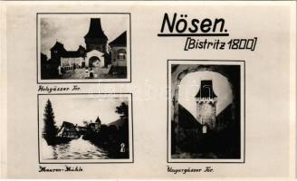 Beszterce, Bistritz, Bistrita, Nösen; Holzgässer Tor, Mauren Mühle, Undergässer Tor / street, gates, mill / kapuk, utcák, malom