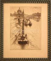 Horváth Endre (1896-1954): Budapesti rakpart hajókkal, háttérben a Parlament. Rézkarc, papír, jelzett, fakeretben, 27,5x19,5 cm