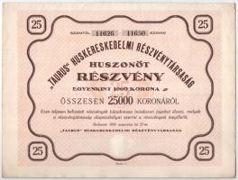 Budapest 1923. Taurus Huskereskedelmi Részvénytársaság huszonöt részvénye egyben, egyenként 1000K-ról, szárazpecséttel T:VF