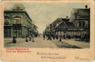 1901 Nagyvárad, Grosswardein, Oradea; Zöldfa utca, Schlosser C., Moskovits Szidor, Beczkay Lajos és Pántya Péter üzlete. Helyfi László kiadása / Grünebaumgasse / street, shops (EK)