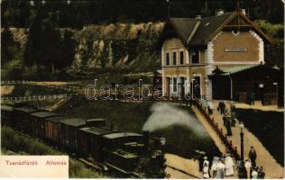 1908 Tusnádfürdő, Baile Tusnad; vasútállomás, gőzmozdony, vonat. Adler Alfréd / railway station, locomotive, train