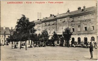 1913 Karánsebes, Caransebes; Fő tér, Kereskedők egyesülete, Központi szálloda, kávéház és étterem, gyógyszertár, piac. Halász Nándor kiadása / main square, hotel, cafe and restaurant, pharmacy, market