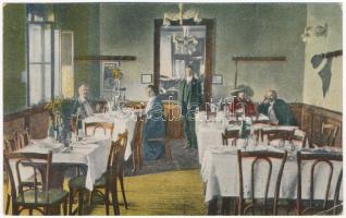 1918 Csáktornya, Cakovec; Délivasút I. osztályú étterem, Vasúti szállodának egyik vendég szobája belső. Vasúti levelezőlapárusítás 1. 1917. / restaurant of the railway station, interior (EK)
