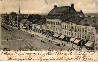 1904 Marosvásárhely, Targu Mures; Fő tér, Adi Árpád könyvnyomdája, Fey József, Wolster Kálmán, Bogdánffy István, Kiss J. Antal üzlete / main square, shops