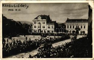 1940 Kézdivásárhely, Targu Secuiesc; bevonulás, magyar zászlók, katonai teherautók / entry of the Hungarian troops, military trucks. photo (EK)