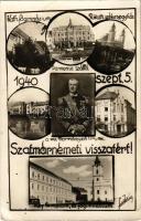 1940 Szatmárnémeti, Satu Mare; Szatmárnémeti visszatért! Horthy Miklós, Katolikus főgimnázium és székesegyház, Pannonia szálló, református templom és főgimnázium. Foto Kósa / grammar school, cathedral, hotel. In memory of the entry of the Hungarian troops (EK)
