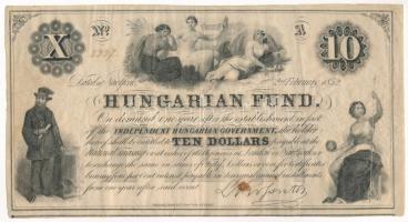 1852. 10$ A Kossuth bankó piros kézi sorszámozással 8337 T:F folt Hungary 1852. 10 Dollars A Hungarian Fund handwritten red serial number 8337 C:F spot Adamo G119