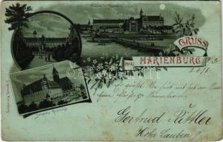 1898 (Vorläufer) Malbork, Marienburg; Westseite mit Nogarbrücke, Nordseite mit Denkmal, Südostecke Hochschloss / castle, bridge, monument. C. Gerlach Art Nouveau, floral, litho (EK)