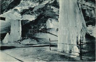 1914 Dobsina, Dobschau; Dobsinai jégbarlang, belső, Gótikus oltár és kút a nagyteremben. Fejér Endre kiadása / Dobschauer Eishöhle / Dobsinská ladová jaskyna / ice cave, interior