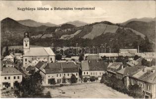 1916 Nagybánya, Baia Mare; Látkép a református templommal, Kovács Gyula és Vajda Márton üzlete. Kovács Gyula saját kiadása / general view with Calvinist church, shops (EK)