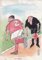 Rau Tibor (1934-2000): Kemény mérkőzés (futball karikatúra). Tus, akvarell, papír. Jelzett. 30x21 cm.