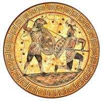 Akhilleusz és Hektór párviadala Tróasz erődje előtt. Görög kézzel festett kerámia, jelzett, múzeumi másolat, plombázva, hibátlan, d: 28 cm