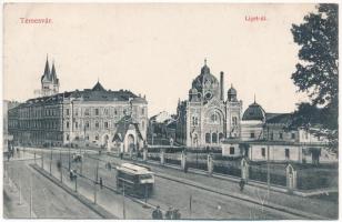 1913 Temesvár, Timisoara; Liget út, villamos, zsinagóga / street, tram, synagogue (EK)