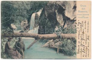 1907 Bozovics, Bozovici; Unterer Wasserfall der Coronini Quelle / Alsó Vízesés kirándulókkal / waterfall, hiking people (fl)
