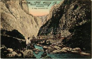 1907 Tordai-hasadék, Cheile Turzii, Torda, Turda; Részlet a hasadék belsejéből, nagy összekötő híd. Füssy József kiadása / bridge in the gorge