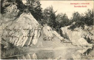 1908 Szováta-fürdő, Baile Sovata; Sós-hegyek, vörös tó. Divald Károly 10-1908. / salt rock, lake (EK)
