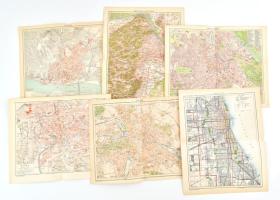 cca 1900 Várostérképek, 6 db melléklet a Pallas Nagy Lexikonából, vegyes állapotban, 30x24 cm körül