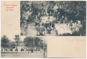 1918 Újpécs, Új-Pécs, Peciu Nou (Temes, Timis); Feszler szálloda, vendéglő kertje italozó férfiakkal. Belgram János kiadása / hotel, restaurant garden
