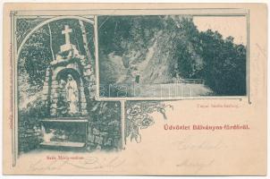 1901 Bálványosfürdő, Bálványosfüred, Baile Bálványos (Torja, Turia); Torjai büdös-barlang, Szűz Mária szobor. Divald / cave, Virgin Mary statue (EK)