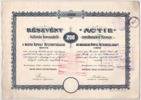 Budapest 1920. "Magyar Asphalt Részvénytársaság" részvénye 200K-ról, magyar és német nyelv...