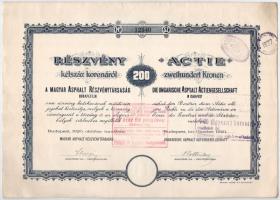 Budapest 1920. "Magyar Asphalt Részvénytársaság" részvénye 200K-ról, magyar és német nyelv...