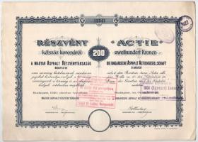 Budapest 1920. "Magyar Asphalt Részvénytársaság" részvénye 200K-ról, magyar és német nyelv...