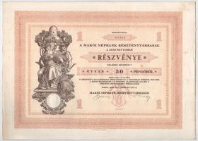 Makó 1929. "Makói Népbank Részvénytársaság" részvénye 50P-ről szelvényekkel, szárazpecsétt...