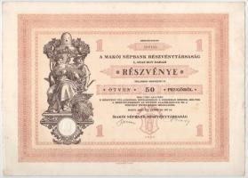 Makó 1929. "Makói Népbank Részvénytársaság" részvénye 50P-ről szelvényekkel, szárazpecsétt...