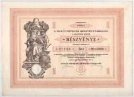 Makó 1929. "Makói Népbank Részvénytársaság" részvénye 50P-ről szelvényekkel, szárazpecsétt...