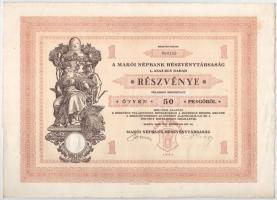 Makó 1929. "Makói Népbank Részvénytársaság" részvénye 50P-ről szelvényekkel, szárazpecsétt...