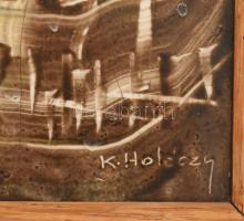 K. Holéczy Etus (-): Társaság. Festett csempe. Jelzett. Sérült (repedésekkel). Fakeretben. 30x15 cm