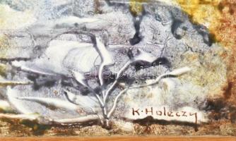 K. Holéczy Etus (-): Absztrakt formák. Festett csempe. Jelzett. Fakeretben. 14,5x29,5 cm