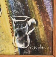 K. Holéczy Etus (-): Beszélgetők. Festett csempe. Jelzett. Fakeretben. 29,5x14,5 cm