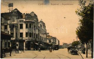 1913 Budapest IV. Újpest, Árpád út, villamos, üzletek (EK)