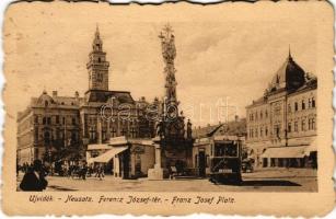 Újvidék, Novi Sad; Ferenc József tér, villamos, Kovács József üzlete / square, tram, shops (fl)