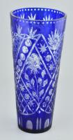 Kék kristály váza, kopásokkal, m: 29,5 cm