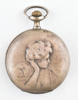 Ezüst (Ag) tokos, duplafedeles zsebóra, mindkét oldalon domborműves női portréval díszítve, vésett M...