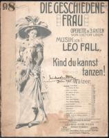 1908 Die geschiedene Frau. Operette in 3 Akten von Victor Léon. Musik von Leo Fall. Wien-Leipzig, Ludwig Doblinger, 12 p. Német nyelvű kotta, sérült papírkötésben, foltokkal.