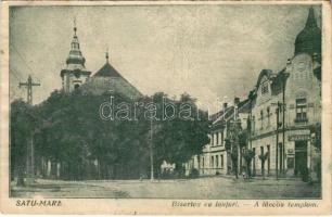 Szatmárnémeti, Satu Mare; A láncos templom, Hangya üzlete / Bisercia cu lanturi / street view, church, shop (gyűrődések / creases)