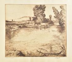 Komjáti-Wanyerka Gyula (1894-1958): Tehenek a vízparton. Rézkarc, papír, jelzett, lapszéli apró folttal, 29x36 cm