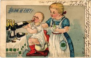 1903 Boldog Újévet! / New Year greeting art postcard, humour. Emb. litho (fa)