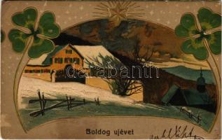 Boldog Újévet! / New Year greeting art postcard with clovers. Art Nouveau, Emb. litho (r)