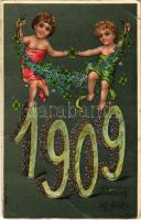 1909 Boldog Újévet! / New Year greeting art postcard with clovers. Floral, litho (fa)