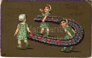 1911 Boldog Újévet! / New Year greeting art postcard with horseshoe and flowers. EAS litho (kopott sarkak / worn corners)