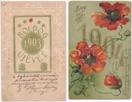 4 db RÉGI (1905 előtti) dombornyomott szecessziós litho újévi üdvözlőlap / 4 pre-1905 Art Nouveau Emb. litho New Year greeting art postcards